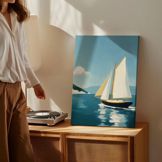 Vintage Yacht Nautical Coastal with Greek Island Wall Art Canvas