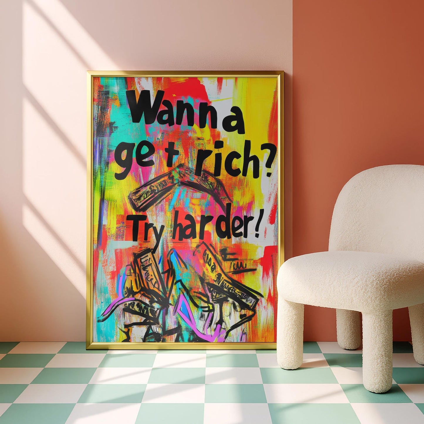 Wanna Get Rich Motivation Oil Paint Style Wall Art Canvas