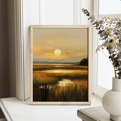 Warm Coastal Marshland Sunset Wall Art Canvas