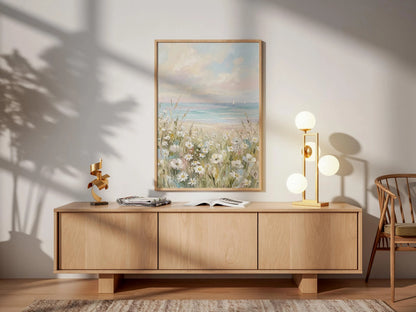White Daisy Field Coastal Wildflower Beach Wall Art Canvas