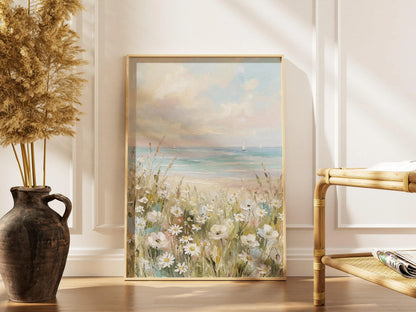 White Daisy Field Coastal Wildflower Beach Wall Art Canvas