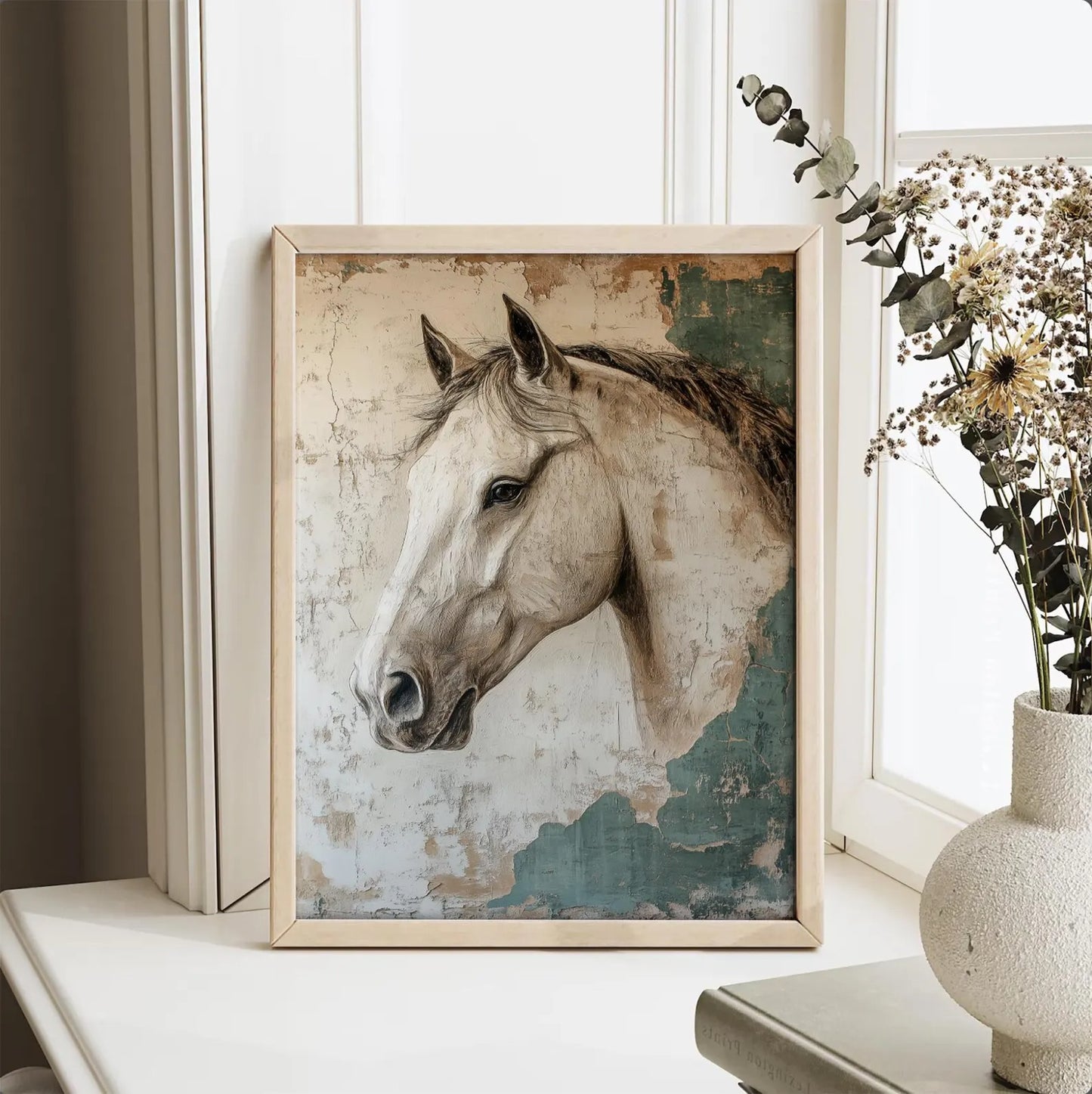 White Horse Wabi Sabi Vintage Wall Art Canvas