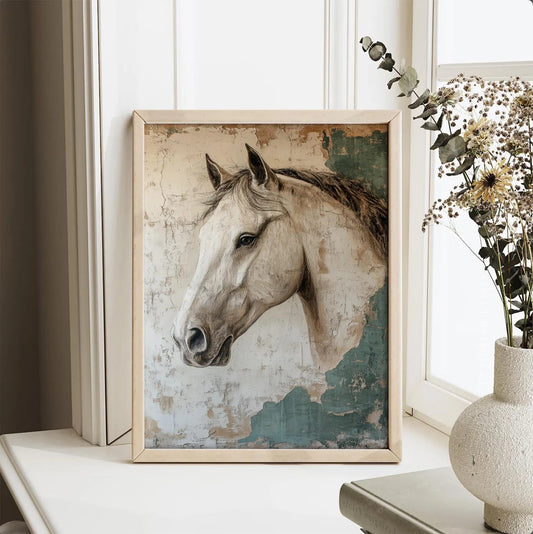 White Horse Wabi Sabi Vintage Wall Art Canvas